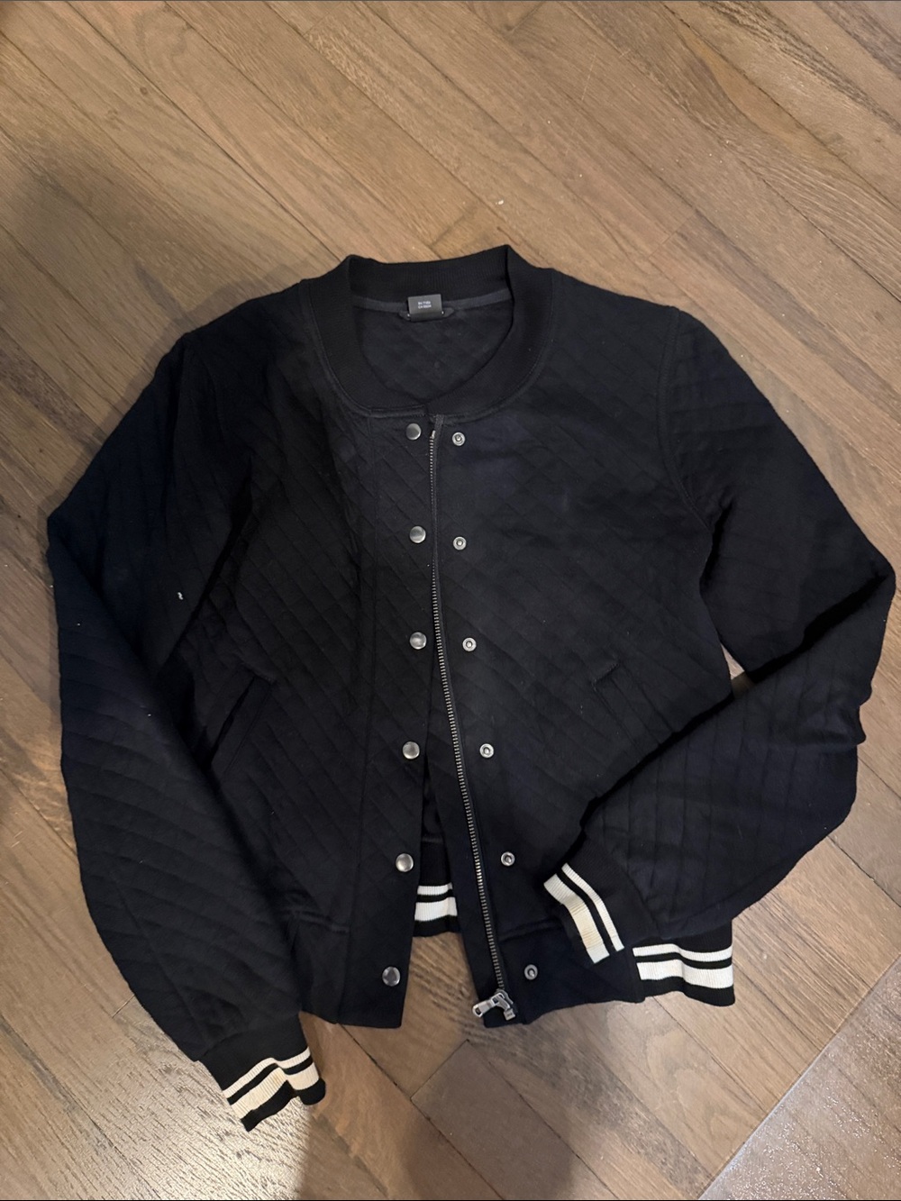 Club Monaco Black Quilted Bomber with Contrast Stripe Cuffs